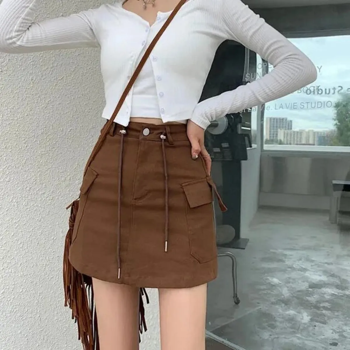 Gonna cargo corta verde militare donna mini gonne a vita alta con coulisse femminile  streetwear grande tasca Aline gonne De