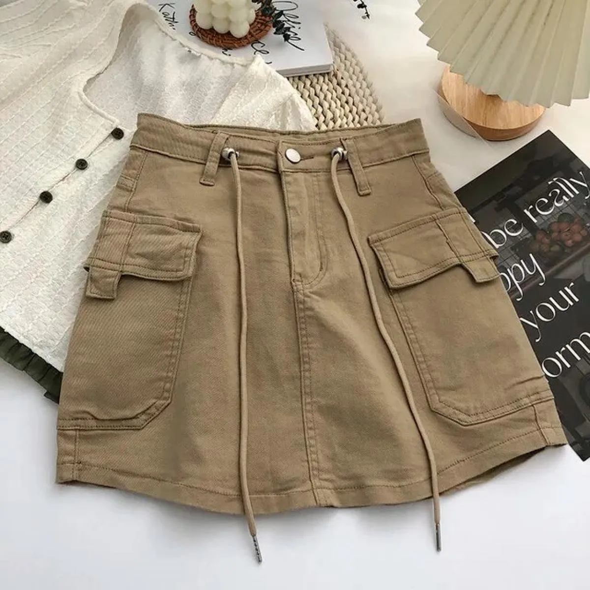 Gonna cargo corta verde militare donna mini gonne a vita alta con coulisse femminile  streetwear grande tasca Aline gonne De