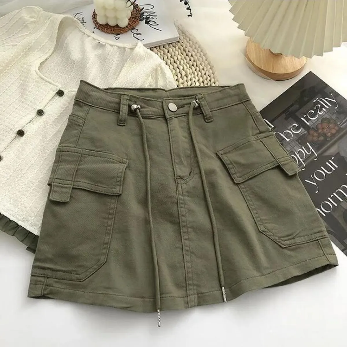Gonna cargo corta verde militare donna mini gonne a vita alta con coulisse femminile  streetwear grande tasca Aline gonne De