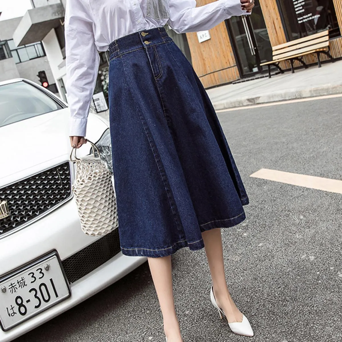 Gonna in denim taglie forti Vita elastica Gonne in denim taglie forti Lunghezza al ginocchio Elegante