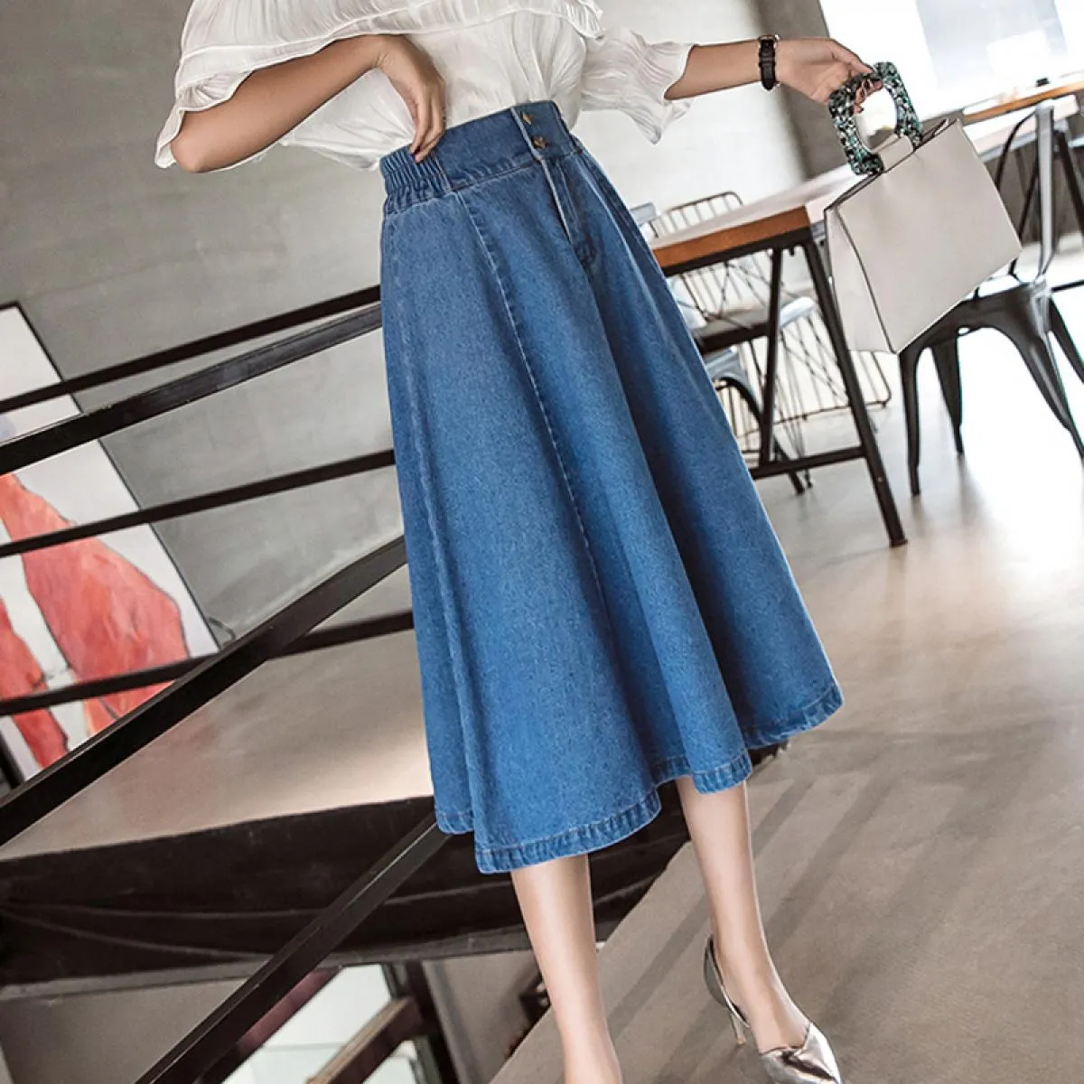 Gonna in denim taglie forti Vita elastica Gonne in denim taglie forti Lunghezza al ginocchio Elegante