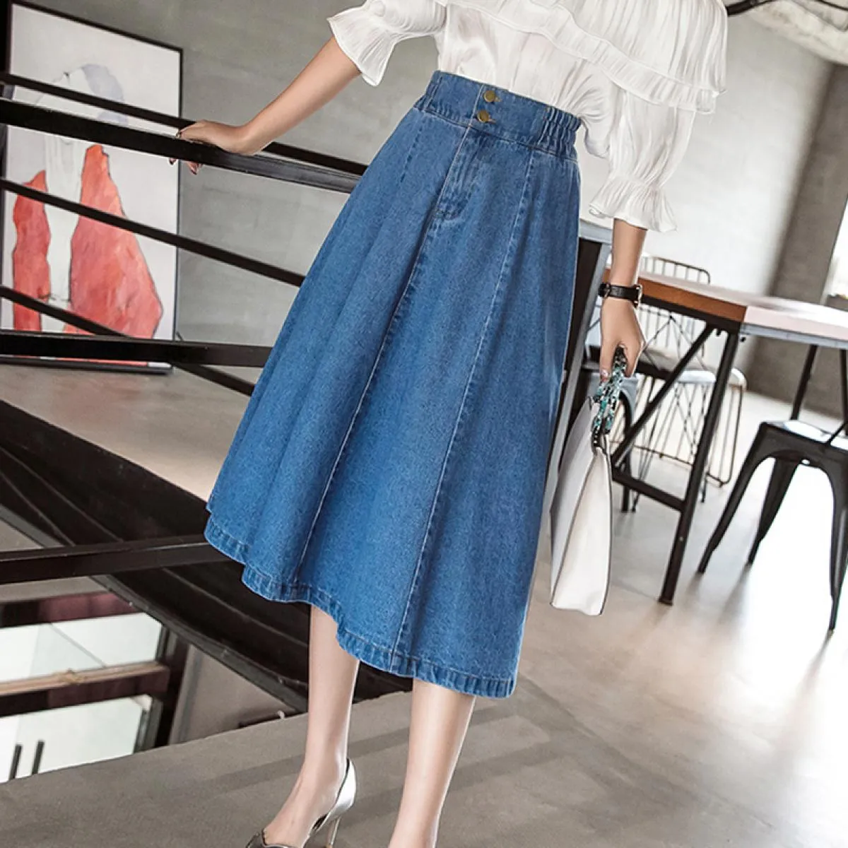 Gonna in denim taglie forti Vita elastica Gonne in denim taglie forti Lunghezza al ginocchio Elegante
