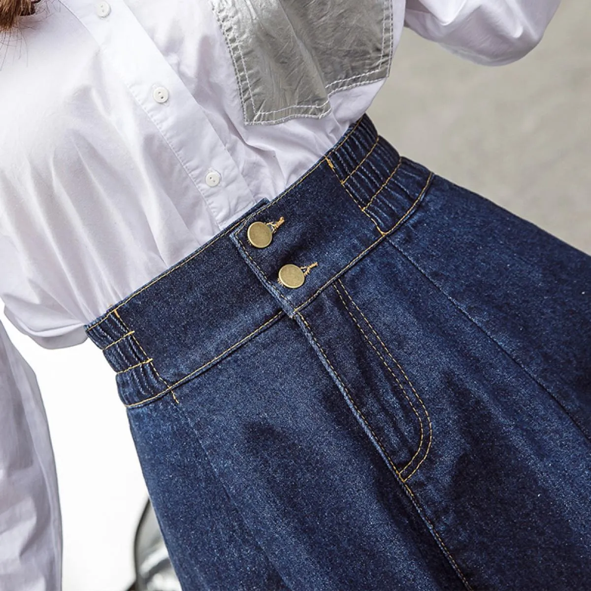 Gonna in denim taglie forti Vita elastica Gonne in denim taglie forti Lunghezza al ginocchio Elegante