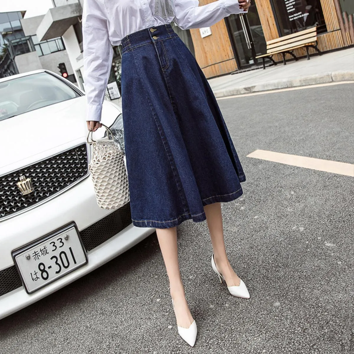 Gonna in denim taglie forti Vita elastica Gonne in denim taglie forti Lunghezza al ginocchio Elegante