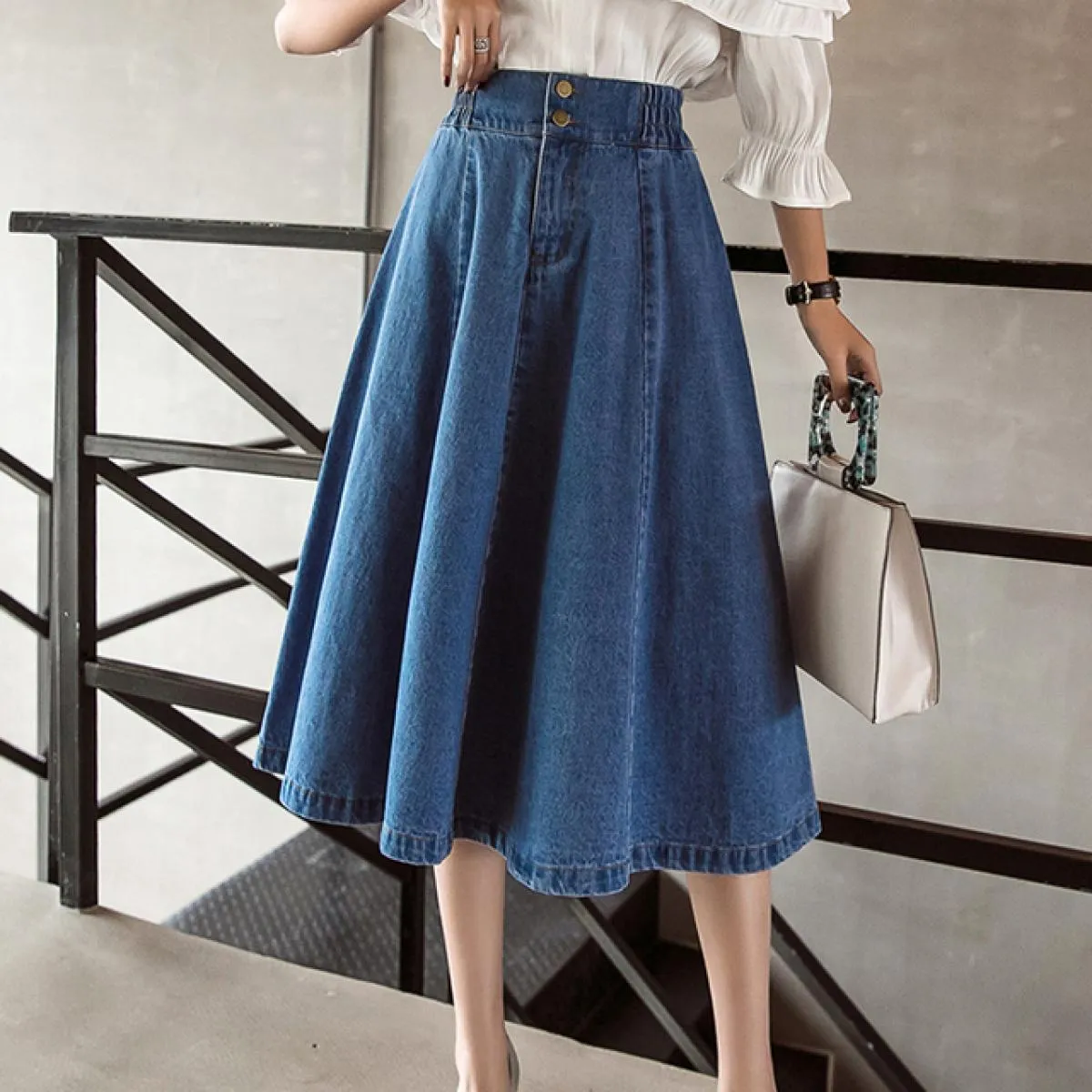 Gonna in denim taglie forti Vita elastica Gonne in denim taglie forti Lunghezza al ginocchio Elegante