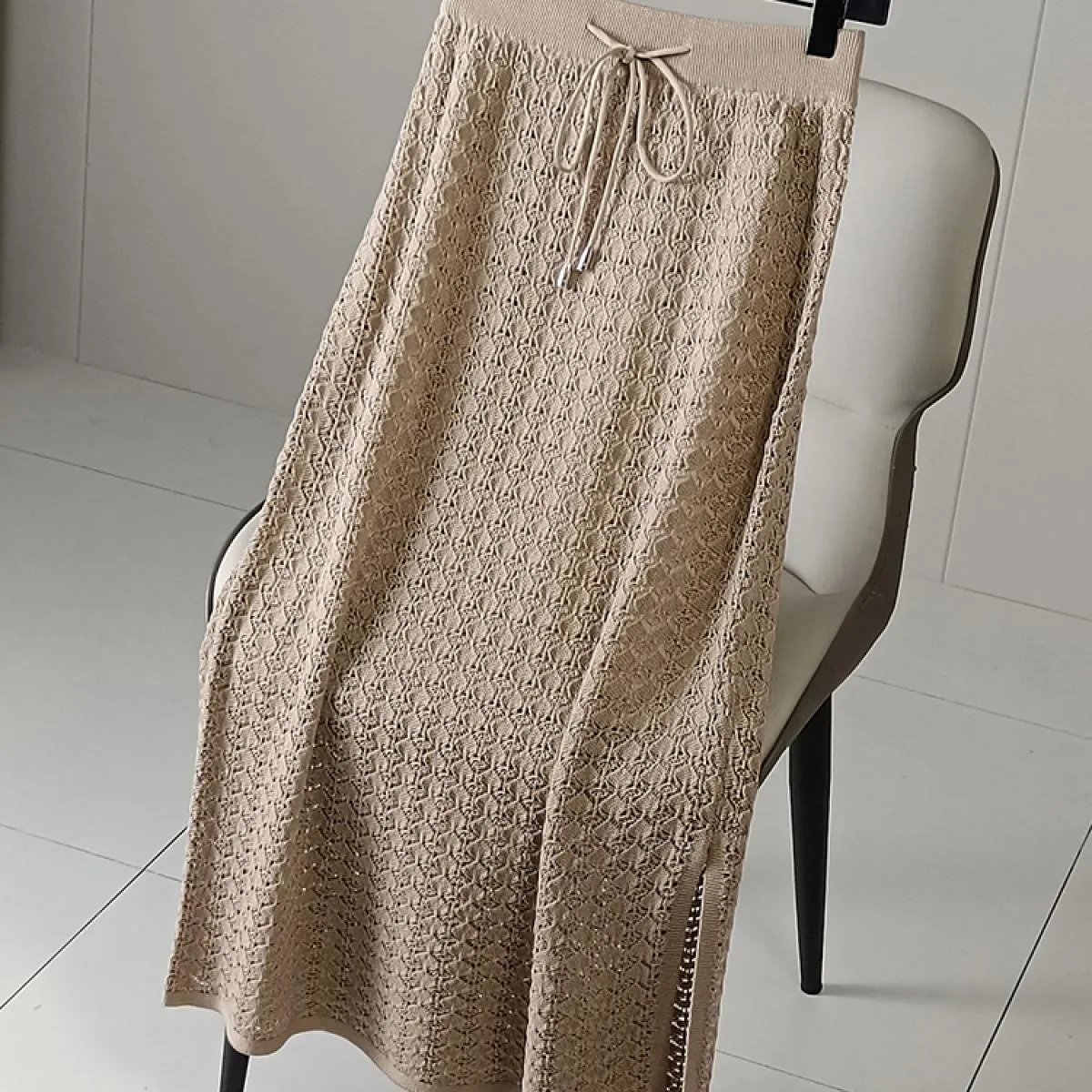 Gonna lunga lavorata a maglia elastica scolpita da donna con fodera Gonne a tubino drappeggiate a vita alta con coulisse Autunno