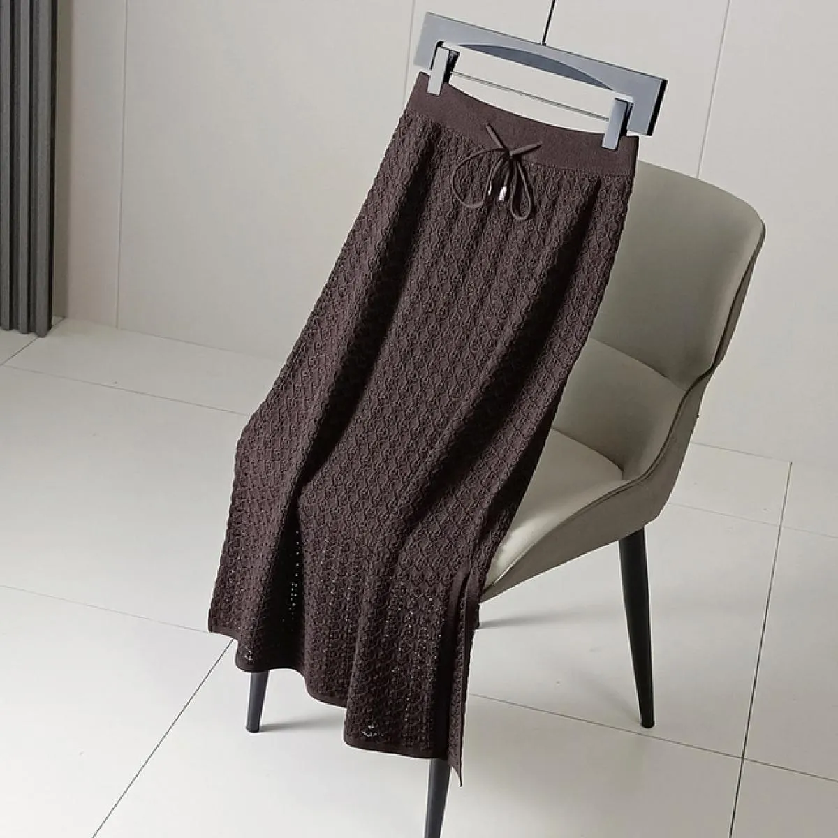 Gonna lunga lavorata a maglia elastica scolpita da donna con fodera Gonne a tubino drappeggiate a vita alta con coulisse Autunno