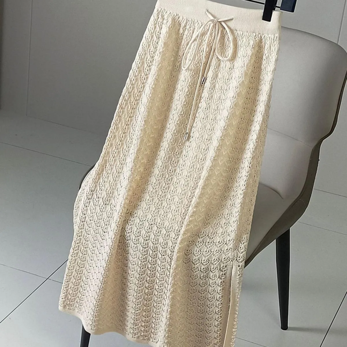 Gonna lunga lavorata a maglia elastica scolpita da donna con fodera Gonne a tubino drappeggiate a vita alta con coulisse Autunno