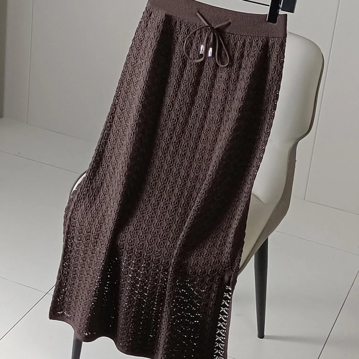Gonna lunga lavorata a maglia elastica scolpita da donna con fodera Gonne a tubino drappeggiate a vita alta con coulisse Autunno