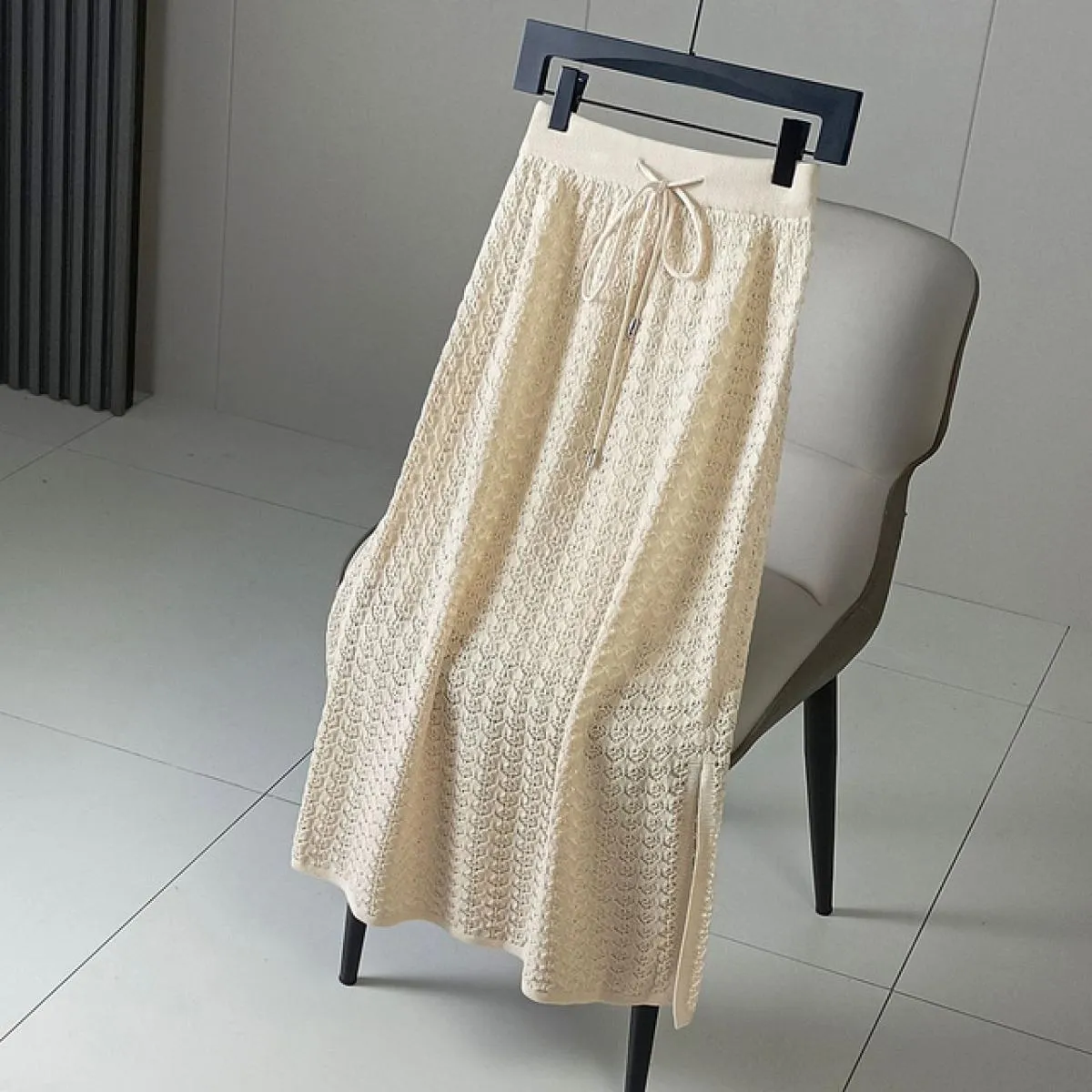 Gonna lunga lavorata a maglia elastica scolpita da donna con fodera Gonne a tubino drappeggiate a vita alta con coulisse Autunno