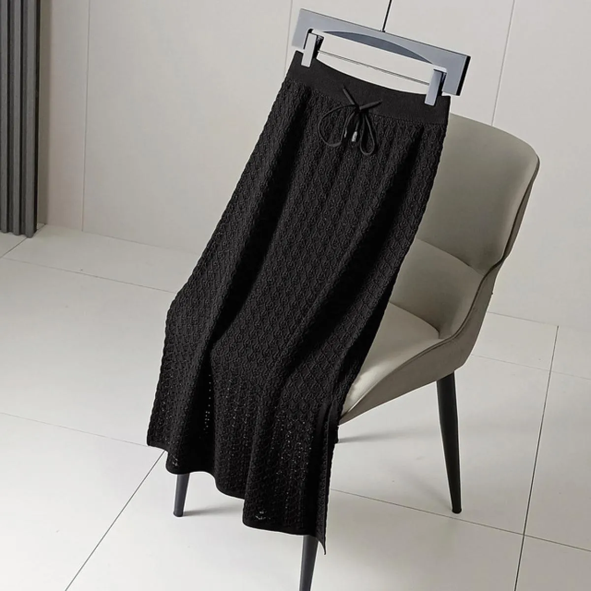 Gonna lunga lavorata a maglia elastica scolpita da donna con fodera Gonne a tubino drappeggiate a vita alta con coulisse Autunno