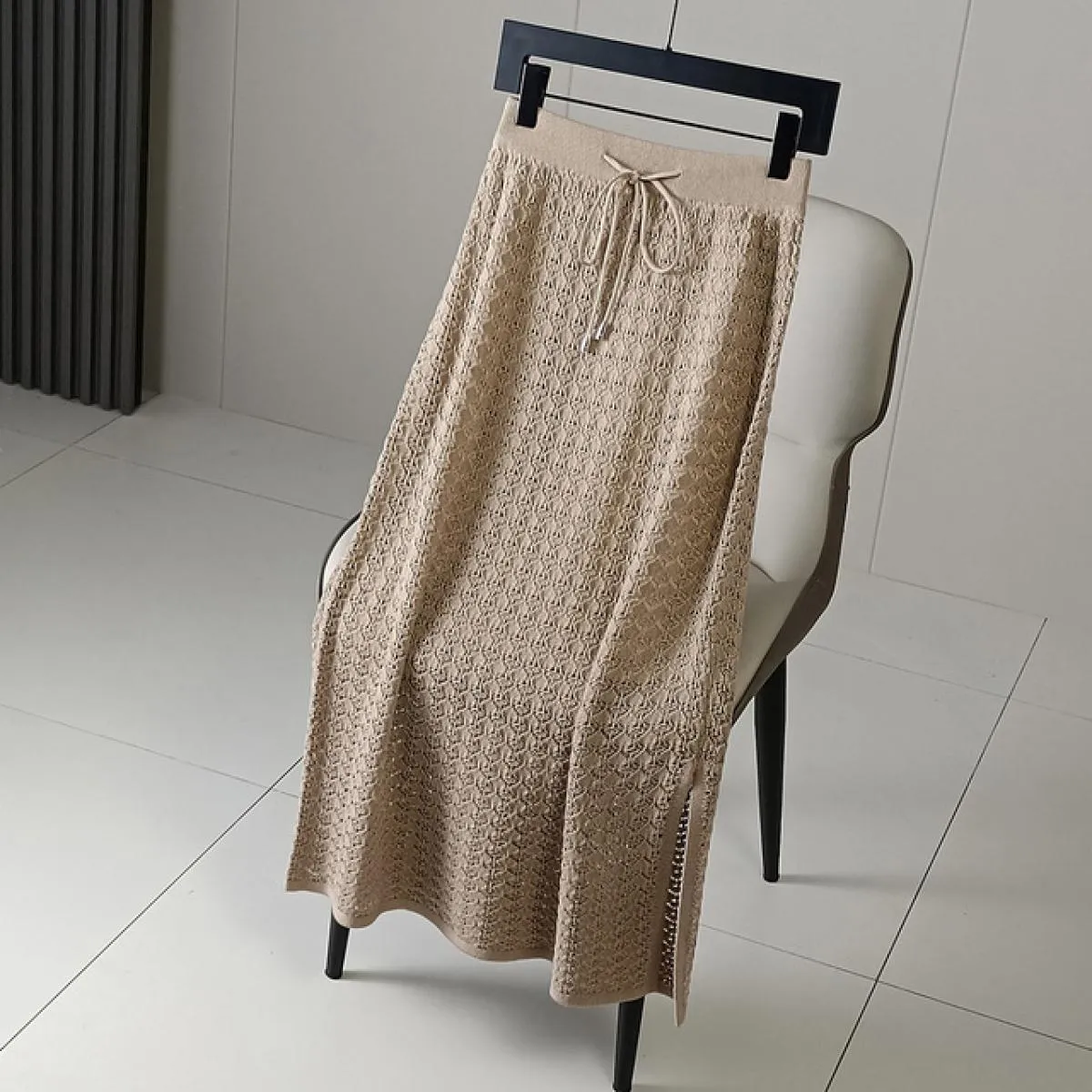 Gonna lunga lavorata a maglia elastica scolpita da donna con fodera Gonne a tubino drappeggiate a vita alta con coulisse Autunno