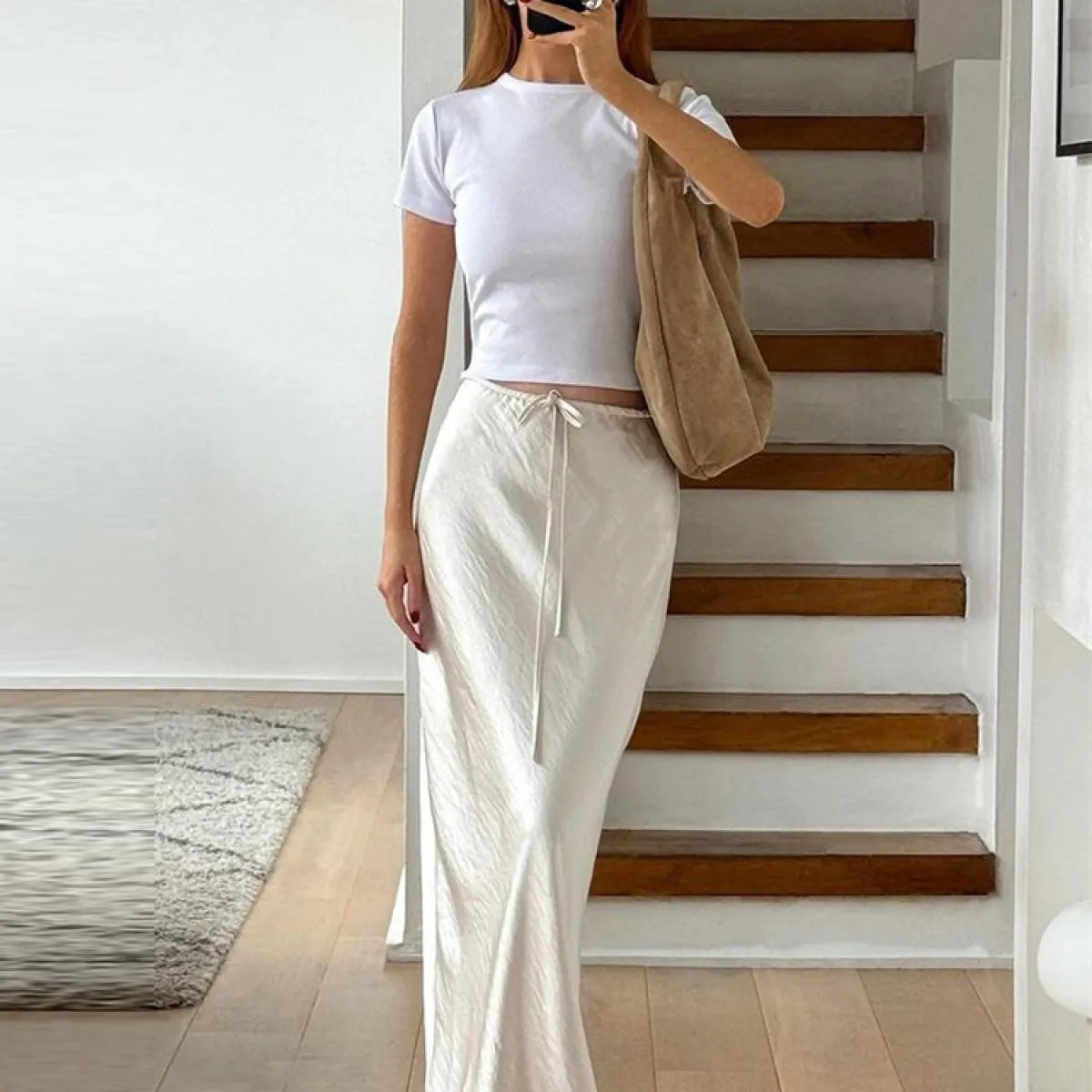 Gonna maxi con lacci casual estiva per donna Patchwork slim a vita alta solida elegante fasciatura pieghettata da sci lungo femm