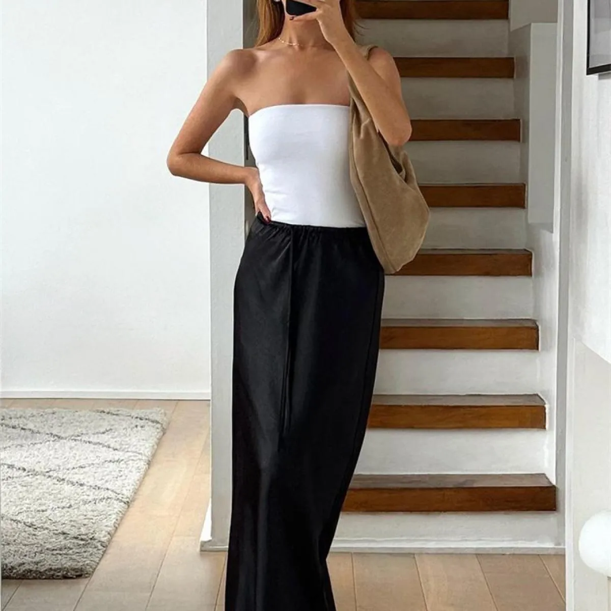 Gonna maxi con lacci casual estiva per donna Patchwork slim a vita alta solida elegante fasciatura pieghettata da sci lungo femm