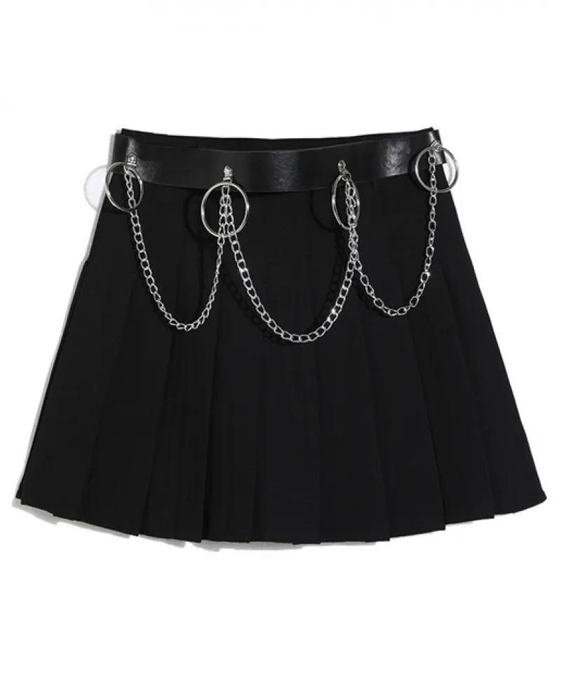 Gonne a pieghe da donna Zoki Dark Academic Cintura a catena alla moda Minigonne a vita alta Gonna nera disegnata a una linea di