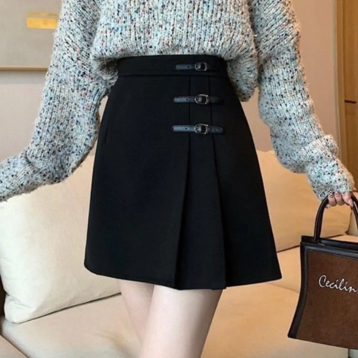 Gonne Donna Pieghe Solido Elegante Retro Sopra il ginocchio Tempo libero Primavera Impero Streetwear Moda semplice Tutti abbinab