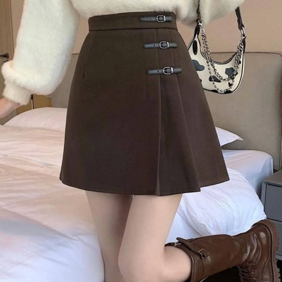 Gonne Donna Pieghe Solido Elegante Retro Sopra il ginocchio Tempo libero Primavera Impero Streetwear Moda semplice Tutti abbinab