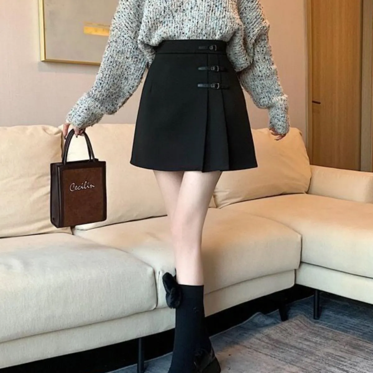 Gonne Donna Pieghe Solido Elegante Retro Sopra il ginocchio Tempo libero Primavera Impero Streetwear Moda semplice Tutti abbinab
