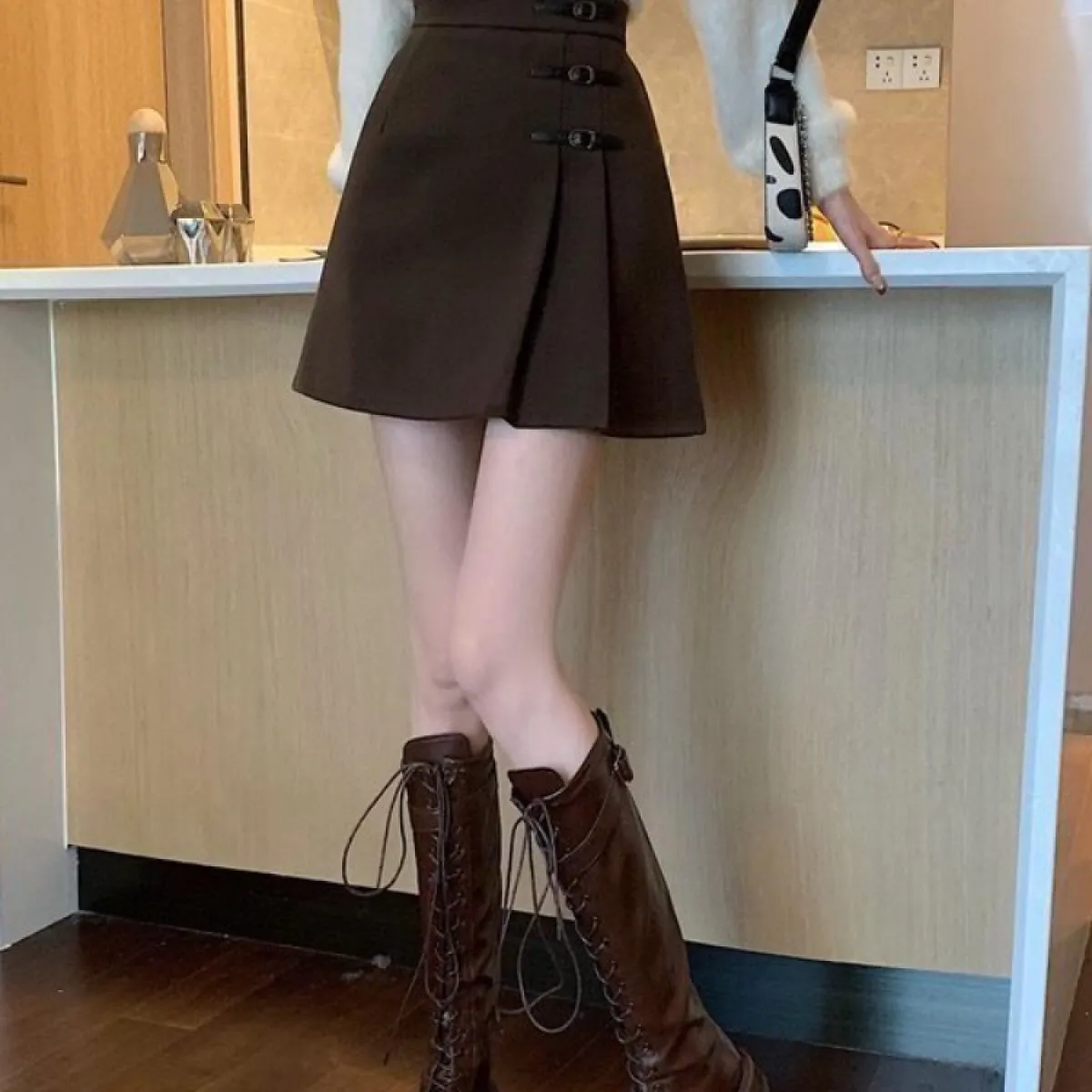 Gonne Donna Pieghe Solido Elegante Retro Sopra il ginocchio Tempo libero Primavera Impero Streetwear Moda semplice Tutti abbinab