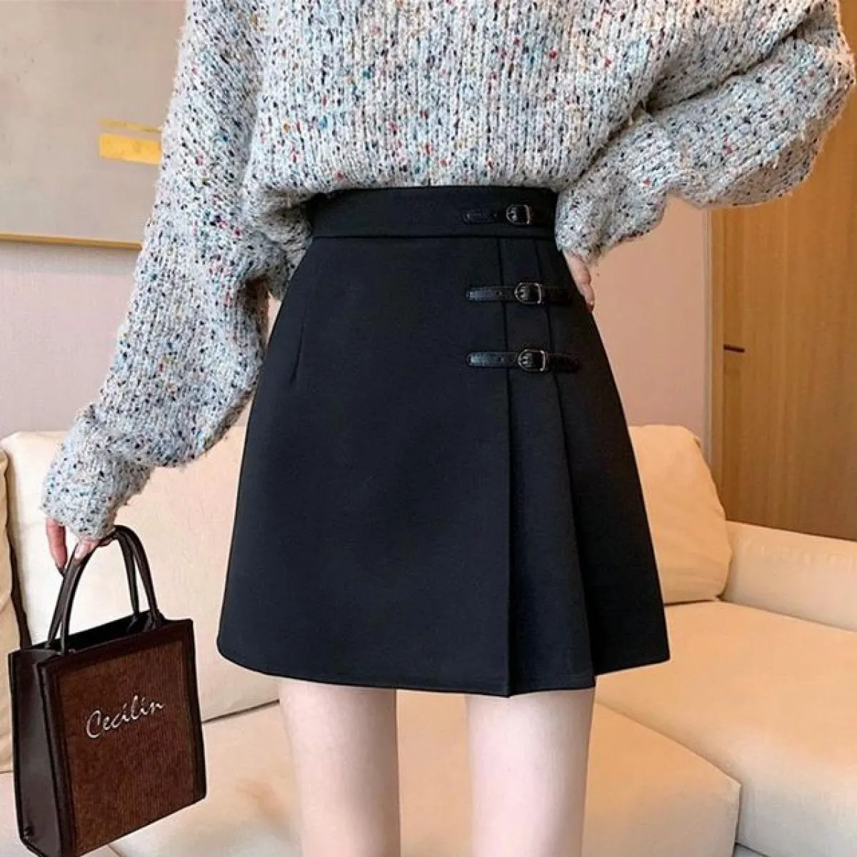 Gonne Donna Pieghe Solido Elegante Retro Sopra il ginocchio Tempo libero Primavera Impero Streetwear Moda semplice Tutti abbinab