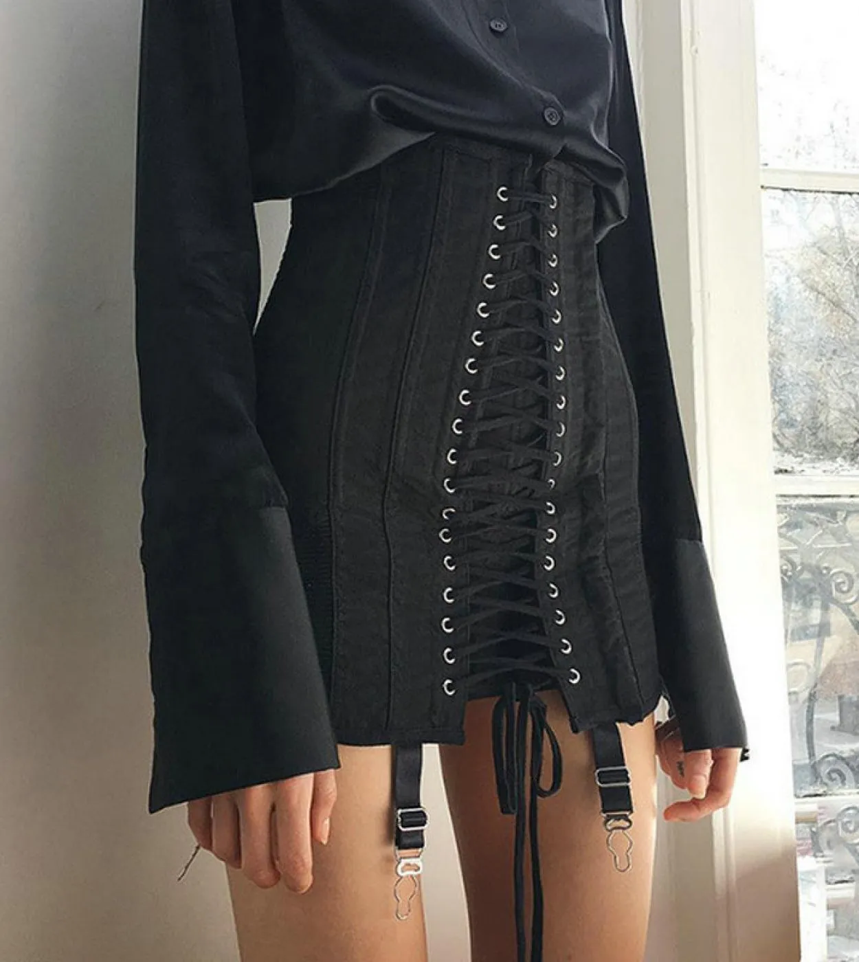 Gotico  Vintage Minigonna Donna Punk Patchwork Estate Gonna a vita alta aderente con occhielli gonne estetiche con lacci sci