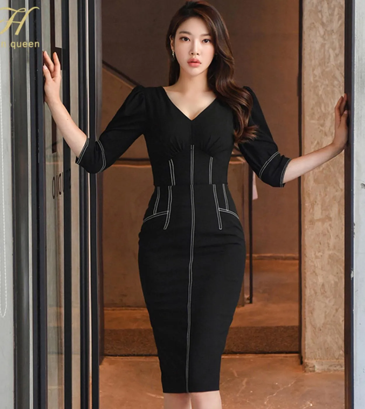 H Han Queen 2 pezzi Donna Nuovo elegante abito tubino con scollo a V Office Lady Evening Party Bodycon Abiti a matita Semplice S