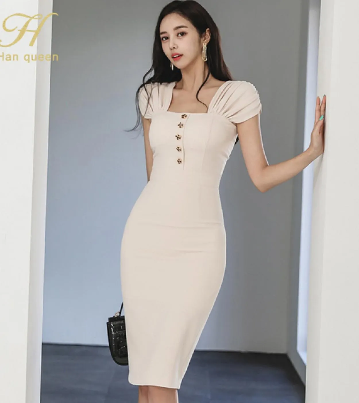 H Han Queen New Summer Vestidos Simple Chic Work Wear Party Dress Womens Office Bodycon Guaina Abiti casual a matita D