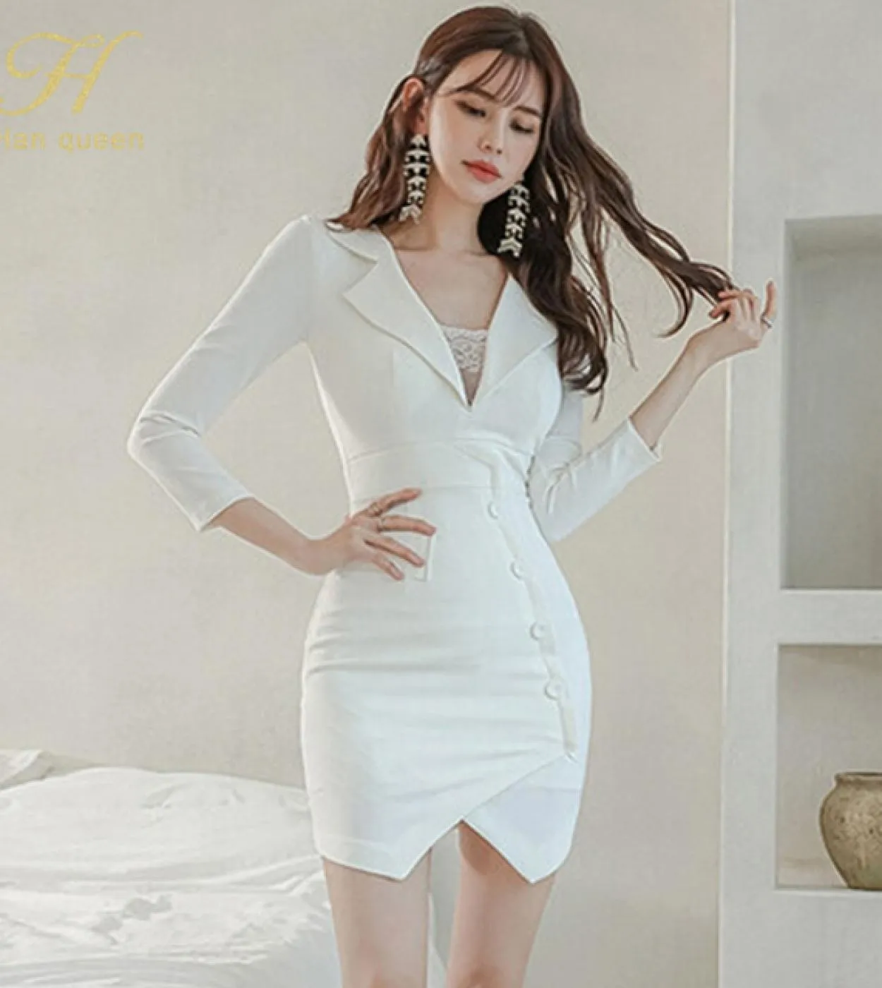 H Han Queen Nuove donne Semplici abiti aderenti irregolari Abito da ufficio a matita tubino Elegante vestido bianco a vita alta