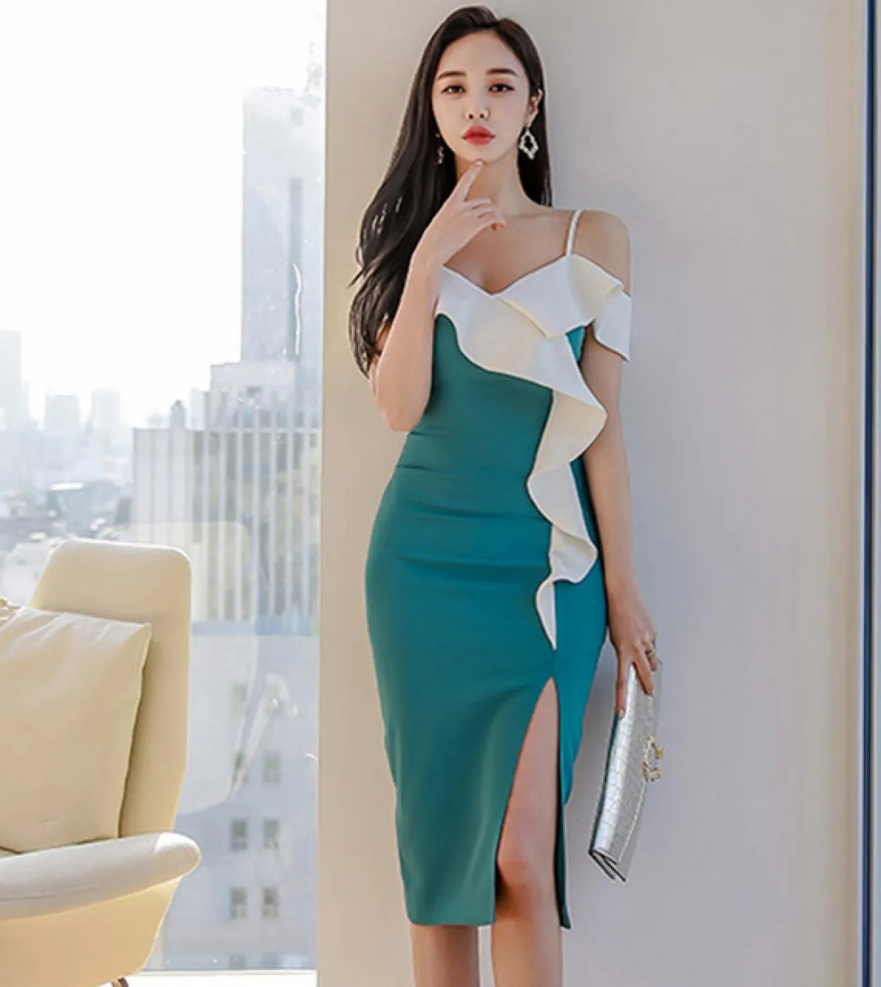 H Han Queen Split Womens Dress Summer Office Lady Guaina Matita Abiti aderenti Ruffles Senza maniche Strap Vestidos Nuovo
