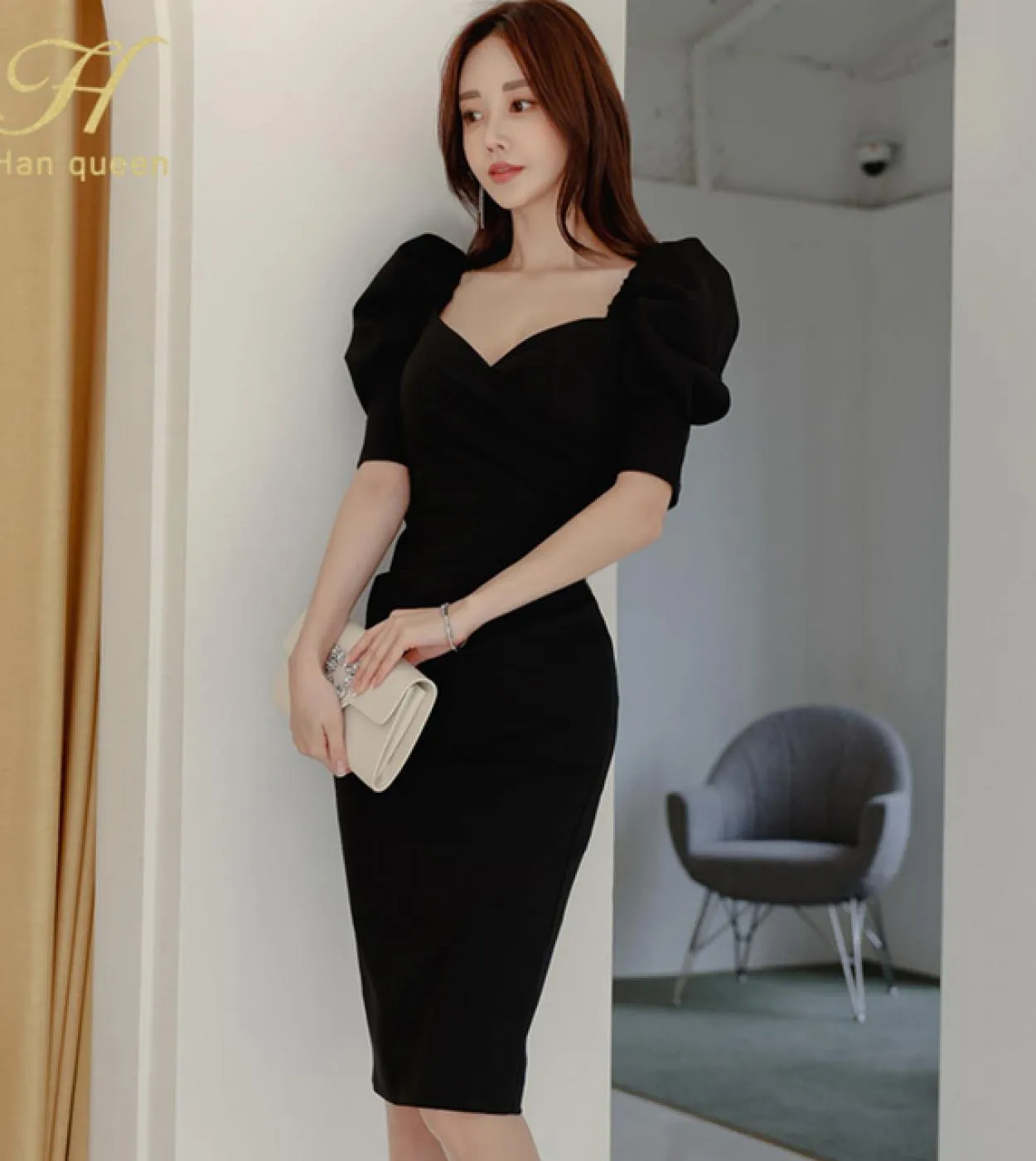 H Han Queen Vendita calda Abiti estivi Elegante Vneck Guaina Matita Abiti da donna Semplice elegante aderente nero Party Vestid