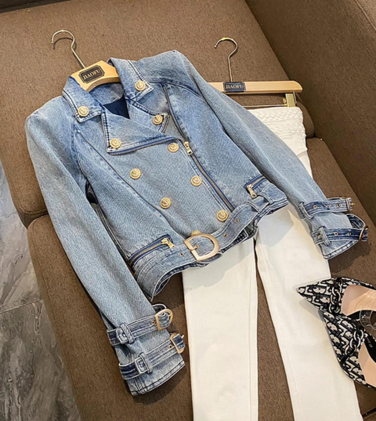 High Street Newest Designer New Fashion Womens Lion Buttons Blue Denim Motorcycle Biker Zipper Blazer Jacket Blazers