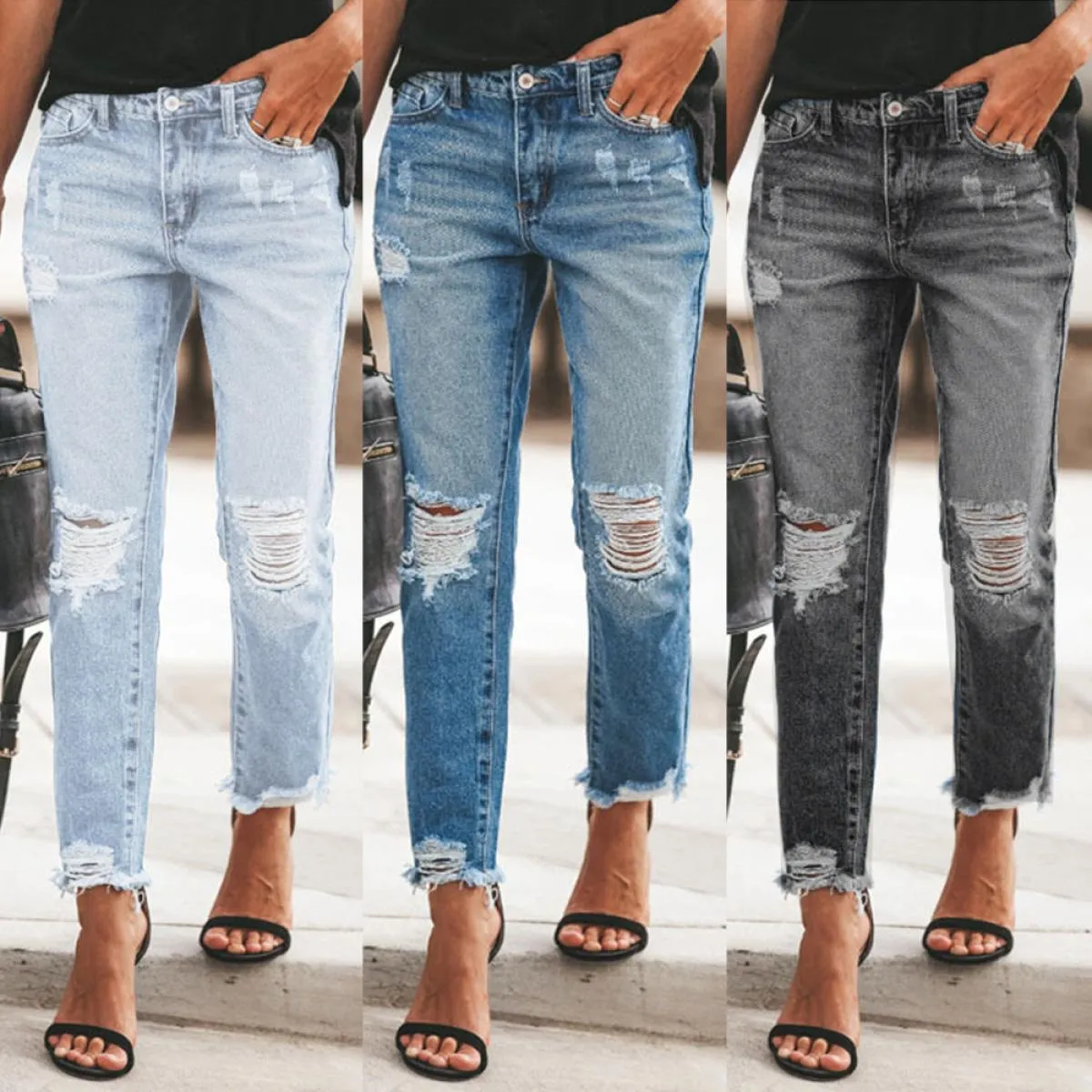 Jeans a gamba dritta da donna a vita alta 2023 nuovi pantaloni a gamba dritta strappati blu retrò Jeans a matita casual larghi S