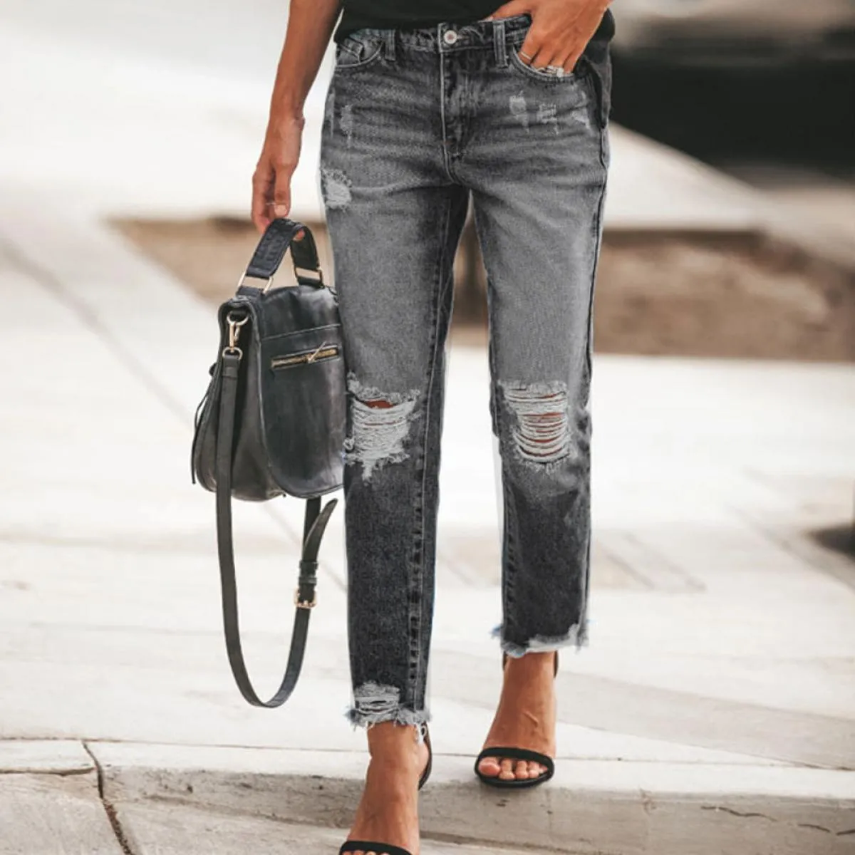 Jeans a gamba dritta da donna a vita alta 2023 nuovi pantaloni a gamba dritta strappati blu retrò Jeans a matita casual larghi S
