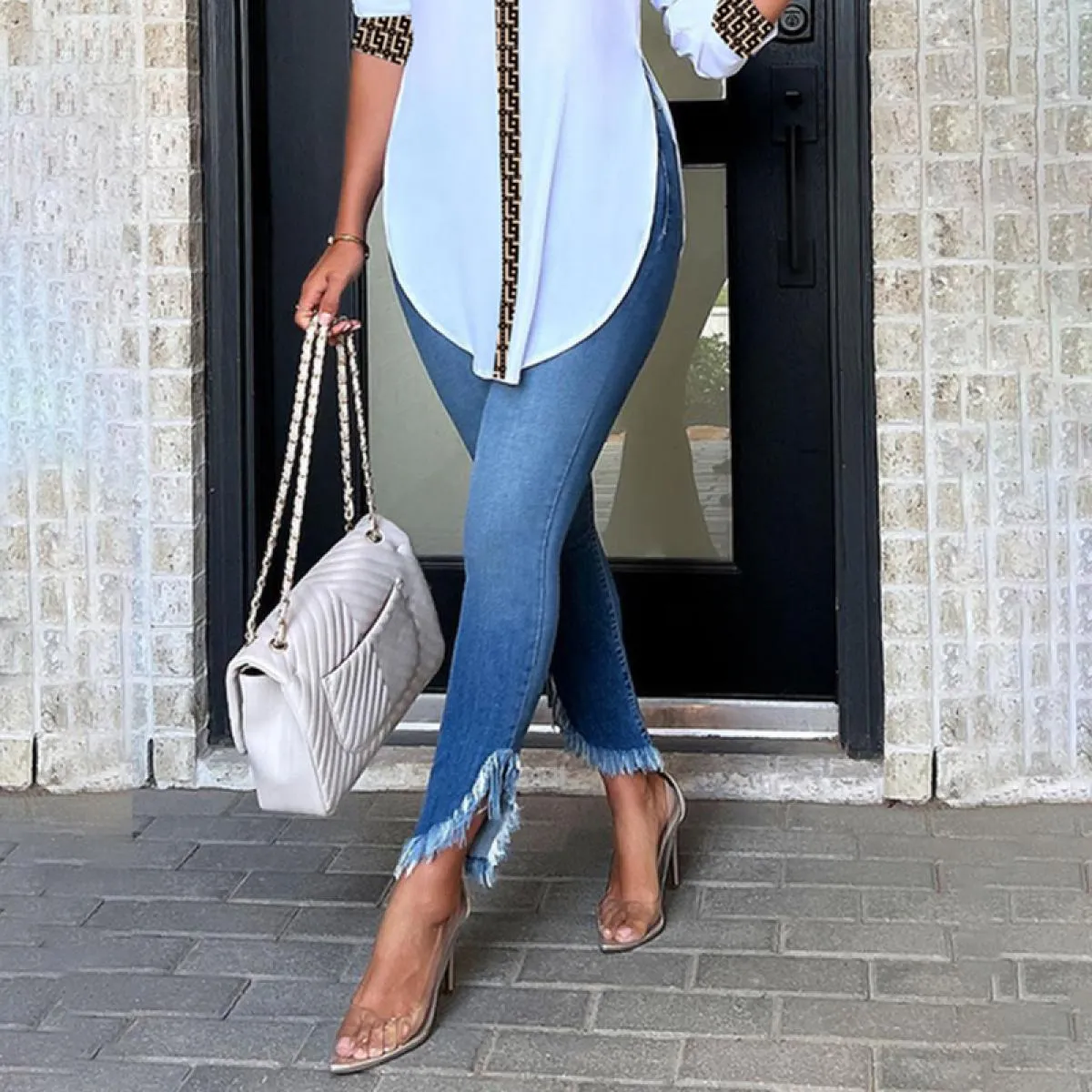 Jeans a vita alta 2023 Jeans skinny slim con spacco diagonale Pantaloni in denim da donna vintage femminili Pantaloni a matita S