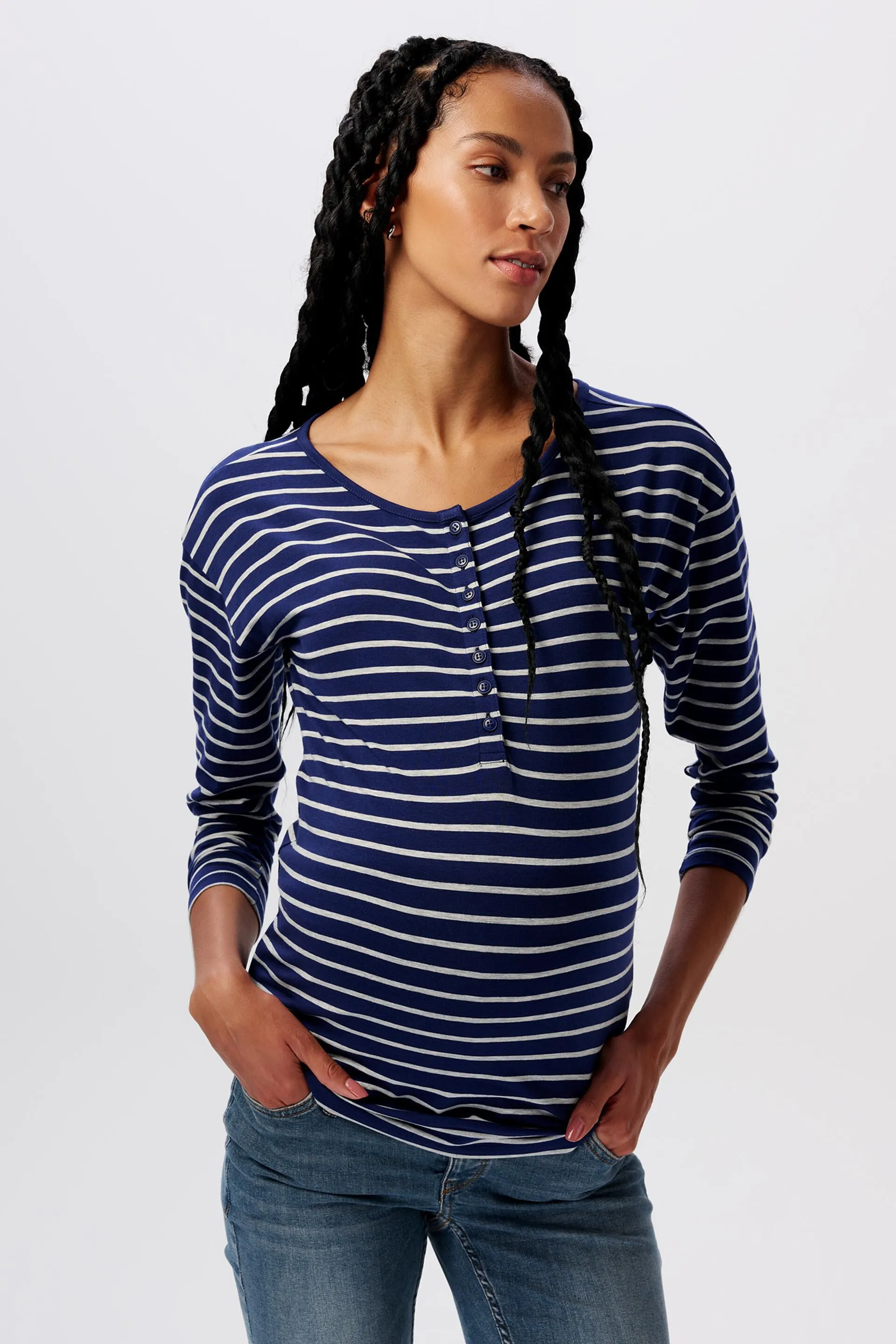 Maglia con collo a serafino a righe a manica lunga