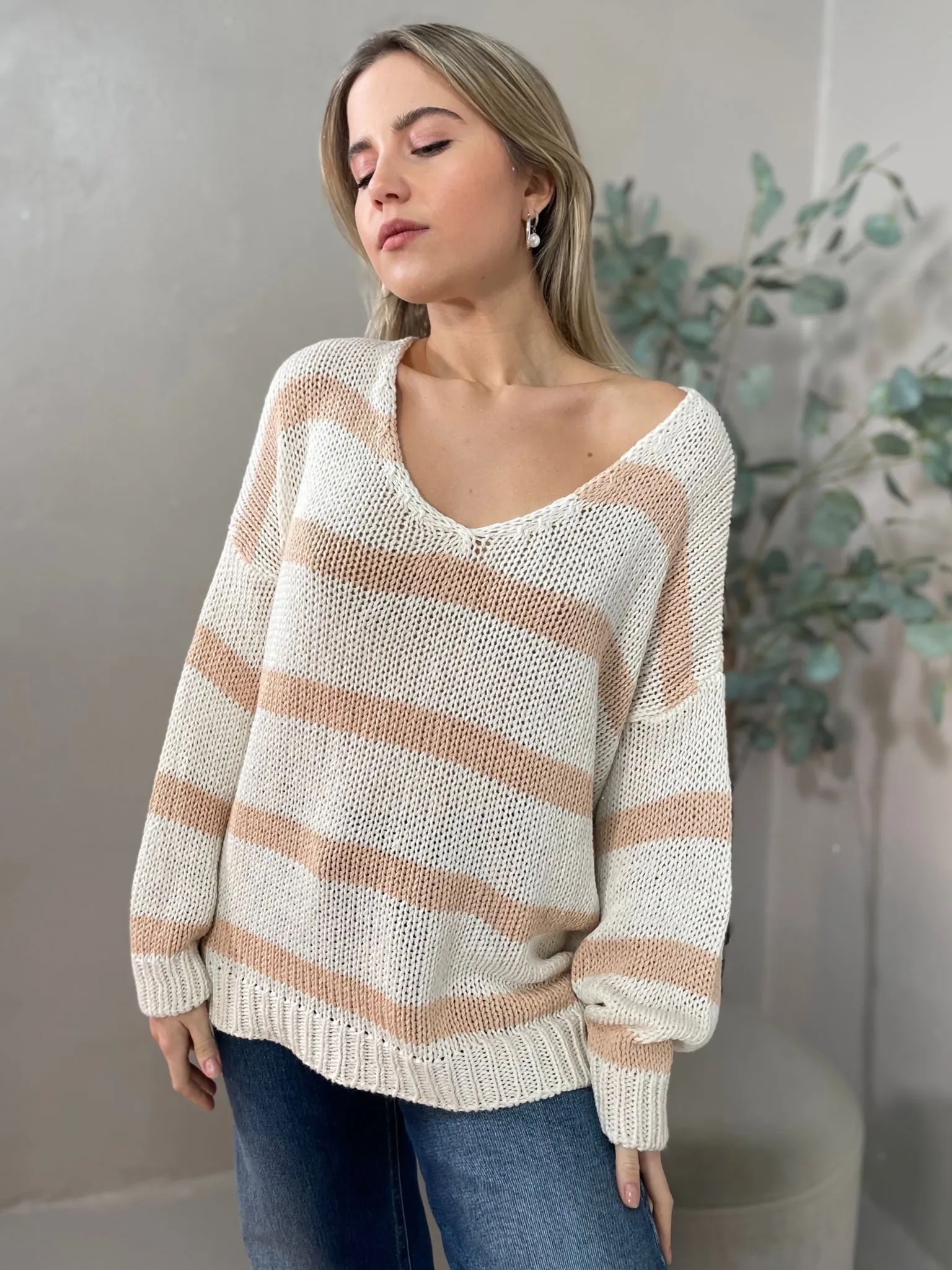 Maglia Scollo a V Panna/Cipria