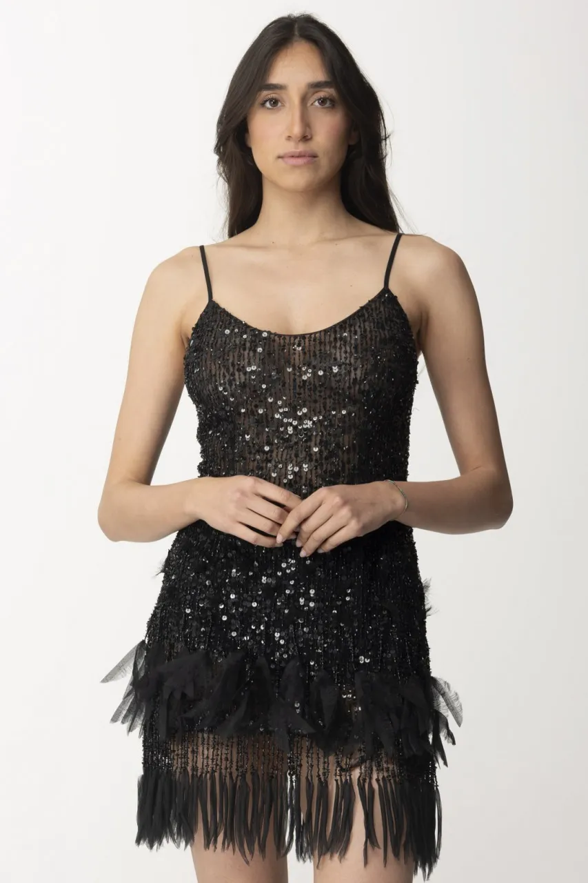 Miniabito con paillettes e frange Nero