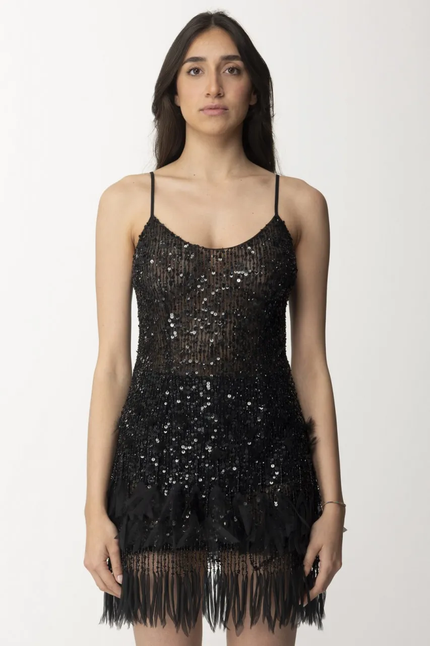 Miniabito con paillettes e frange Nero