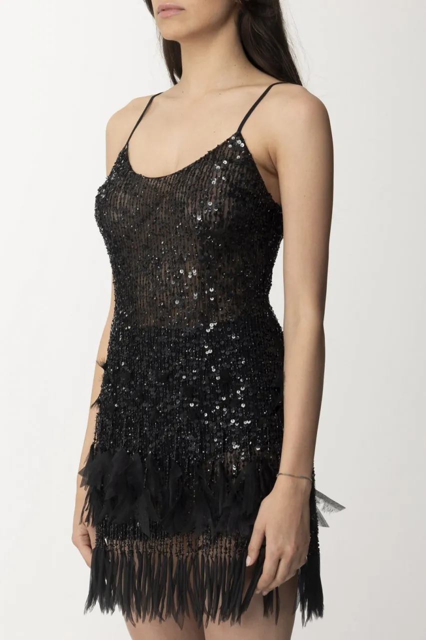Miniabito con paillettes e frange Nero