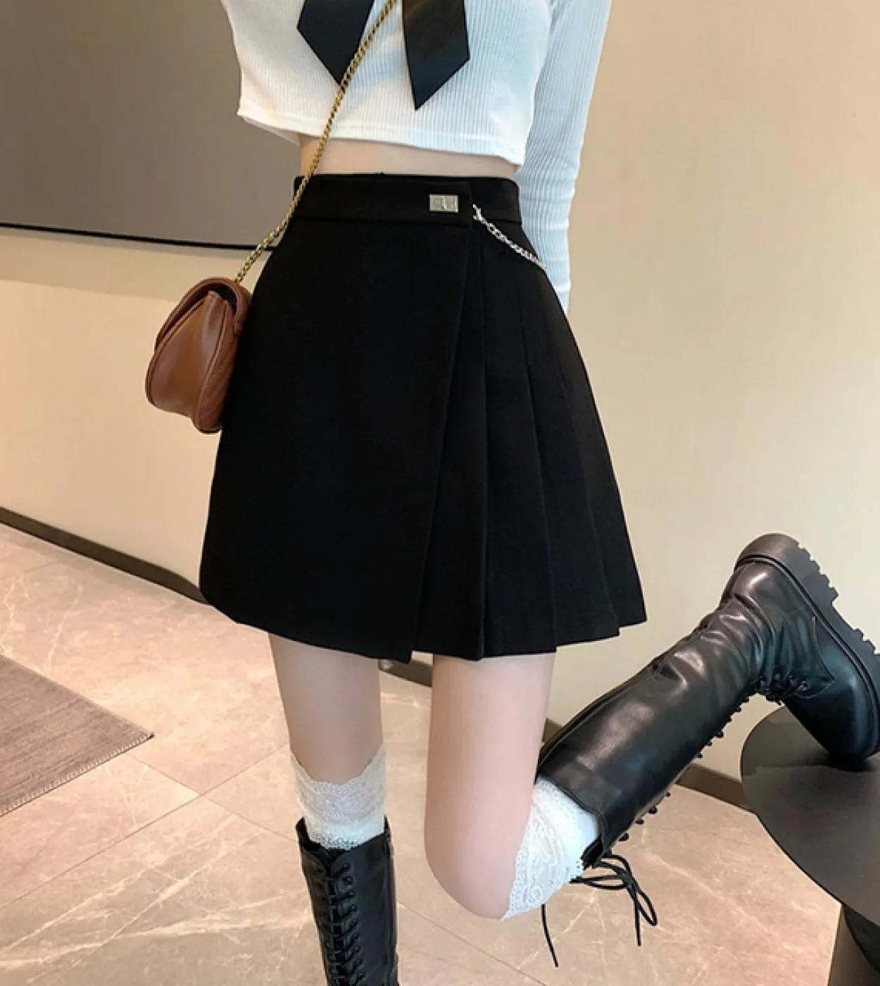 Minigonne a vita alta da donna New Style Streetwear All Match Tinta unita da donna Gonna corta a pieghe da donna