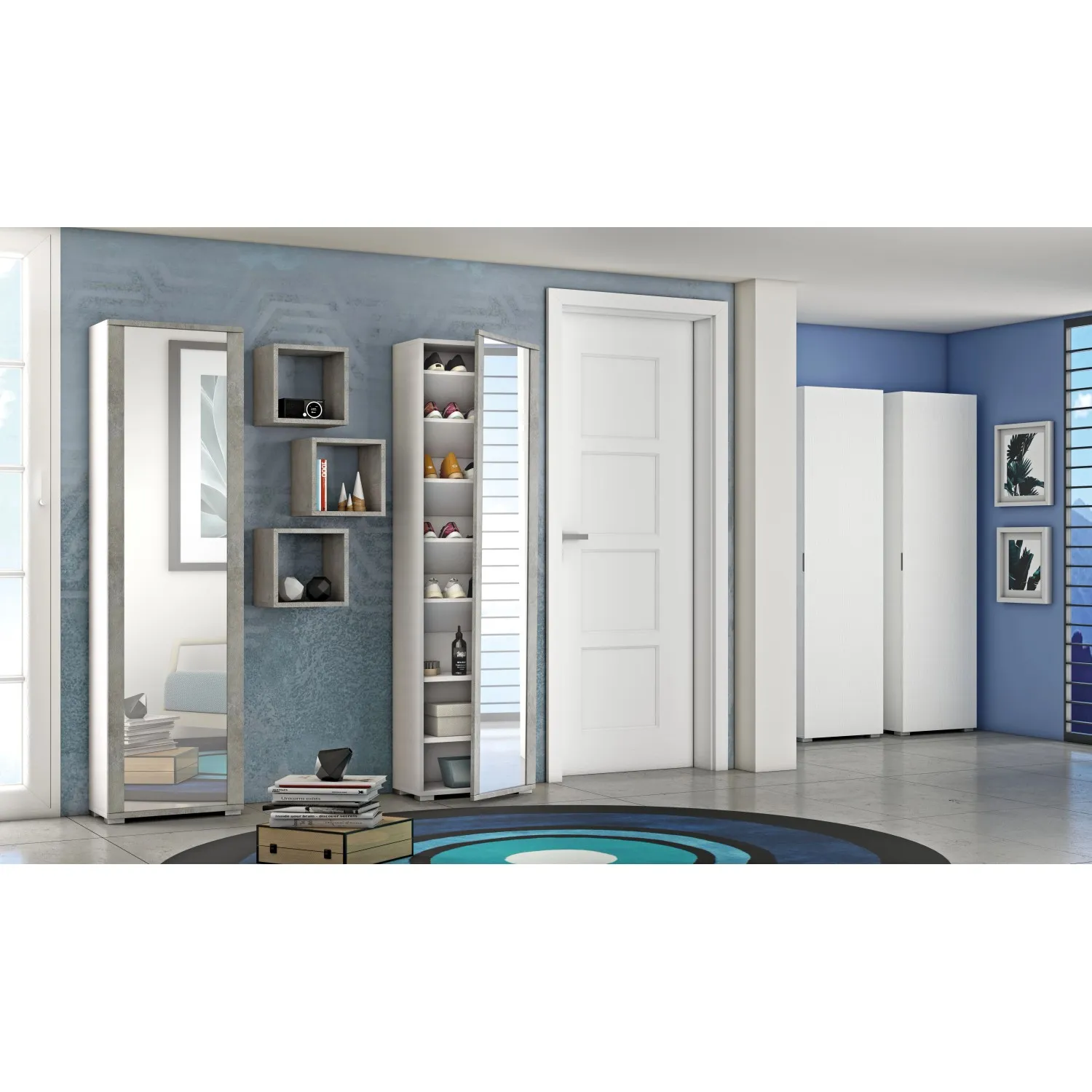 Mobile multiuso scarpiera con specchio 7 ripiani 182x50x31 cm bianco cemento