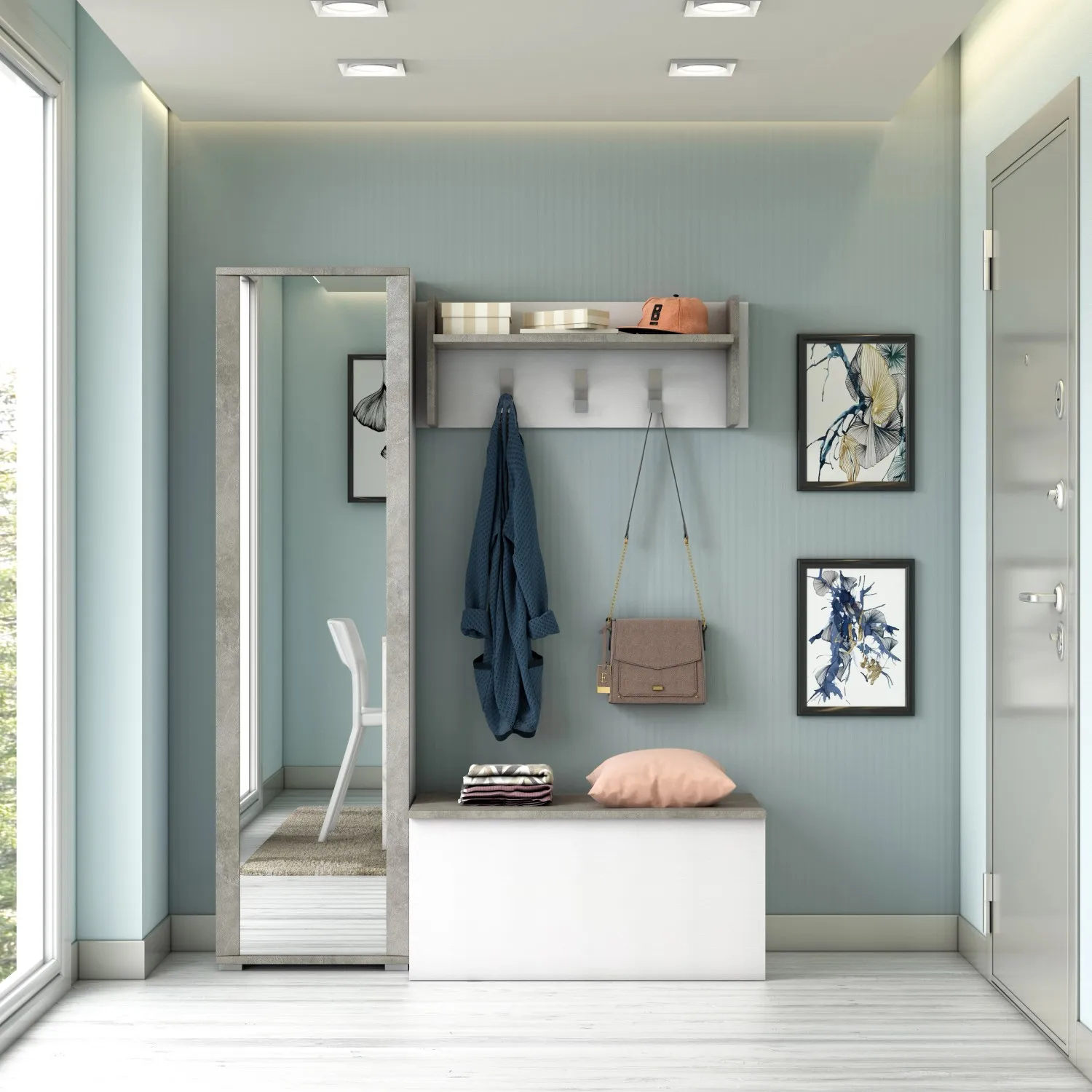 Mobile multiuso scarpiera con specchio 7 ripiani 182x50x31 cm bianco cemento