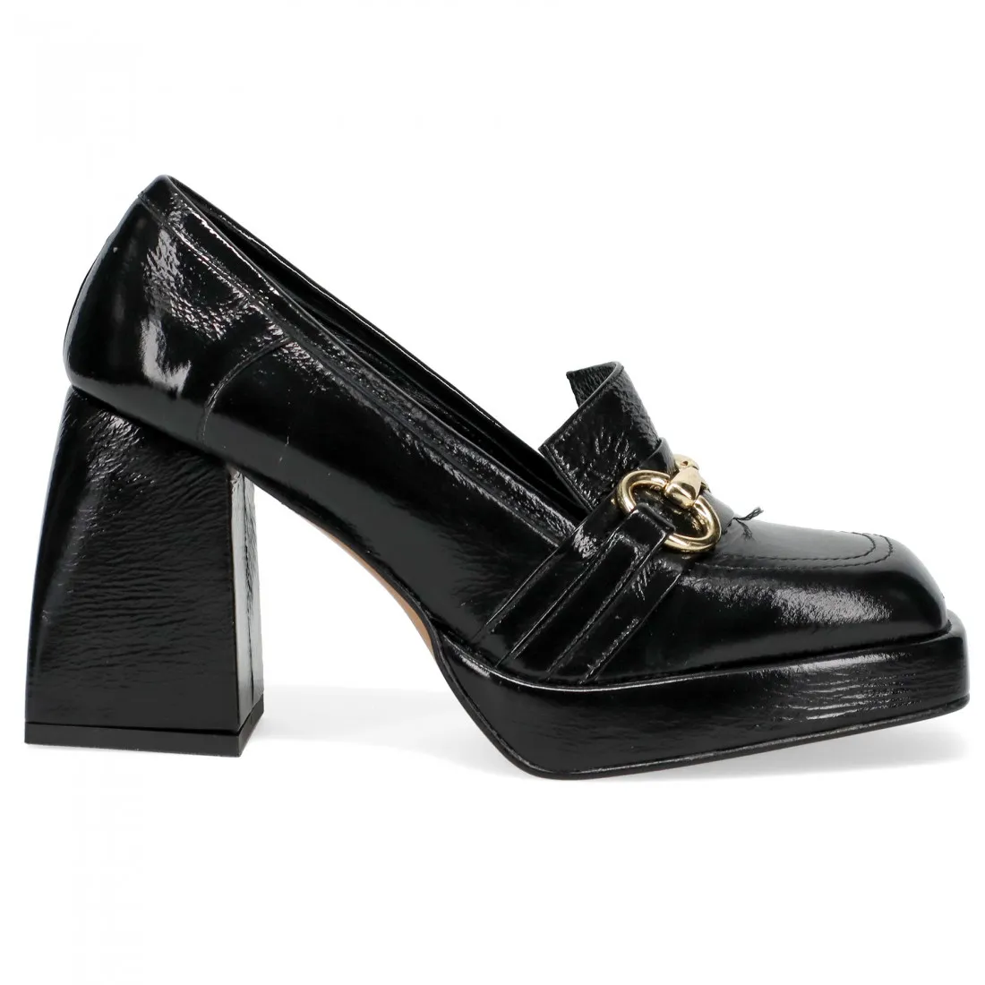 Mocassino Brando Pixie 10 nero in pelle lucida con tacco alto e plateau