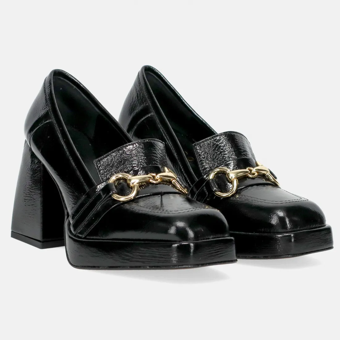 Mocassino Brando Pixie 10 nero in pelle lucida con tacco alto e plateau