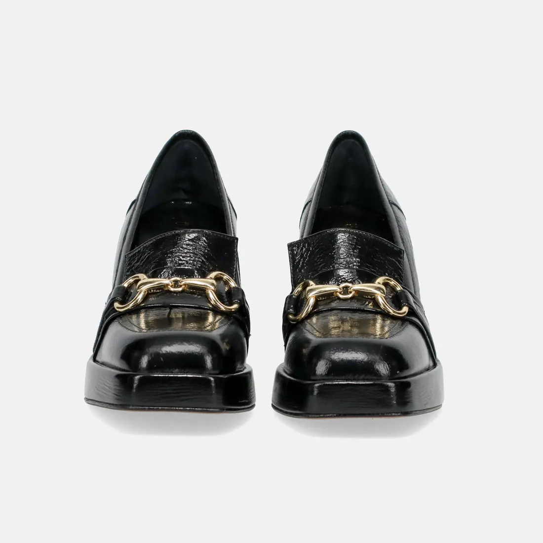Mocassino Brando Pixie 10 nero in pelle lucida con tacco alto e plateau
