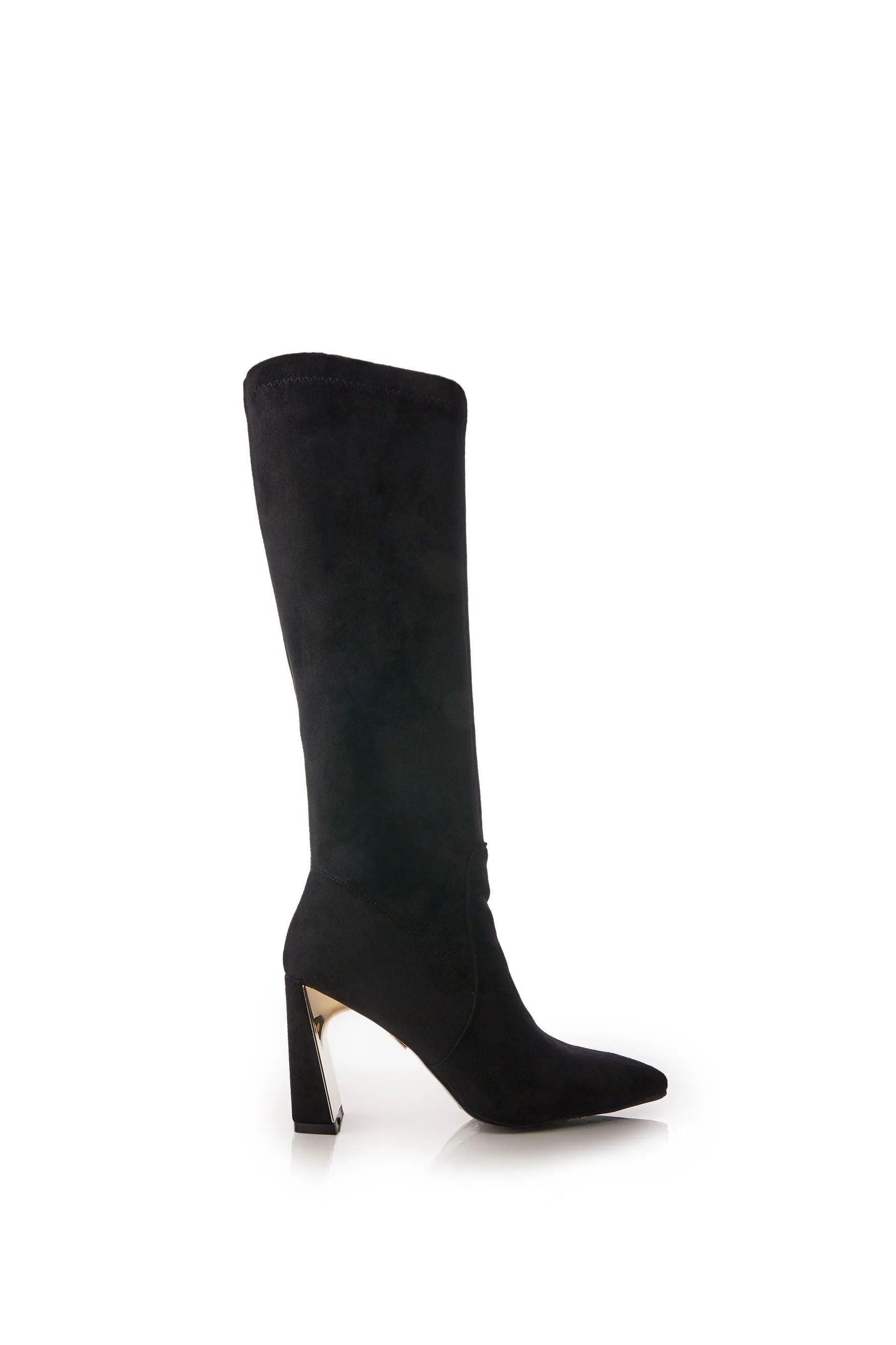 Moda in Pelle - Tamika - Nero Stivali lunga slim elasticizzata con tacco e retro metallizzato
