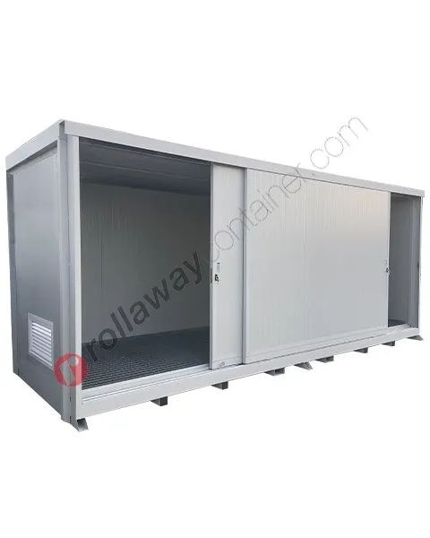 Modul container per fusti a pavimento con pannelli coibentati in poliuretano, vasca di raccolta e porte scorrevoli