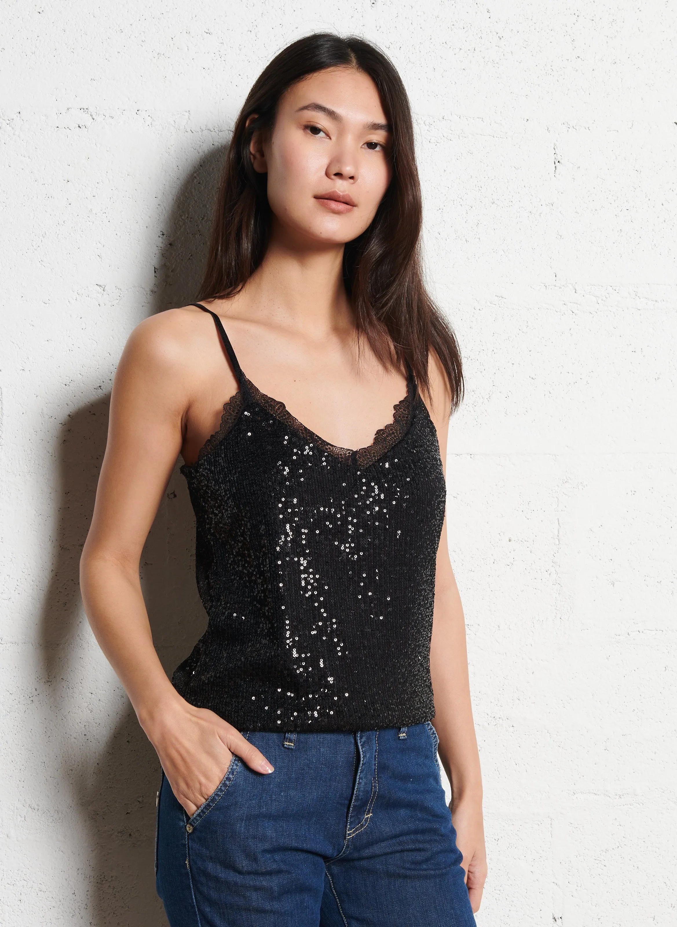  MORGAN   BAIA - Top con bretelle a paillettes | Nero