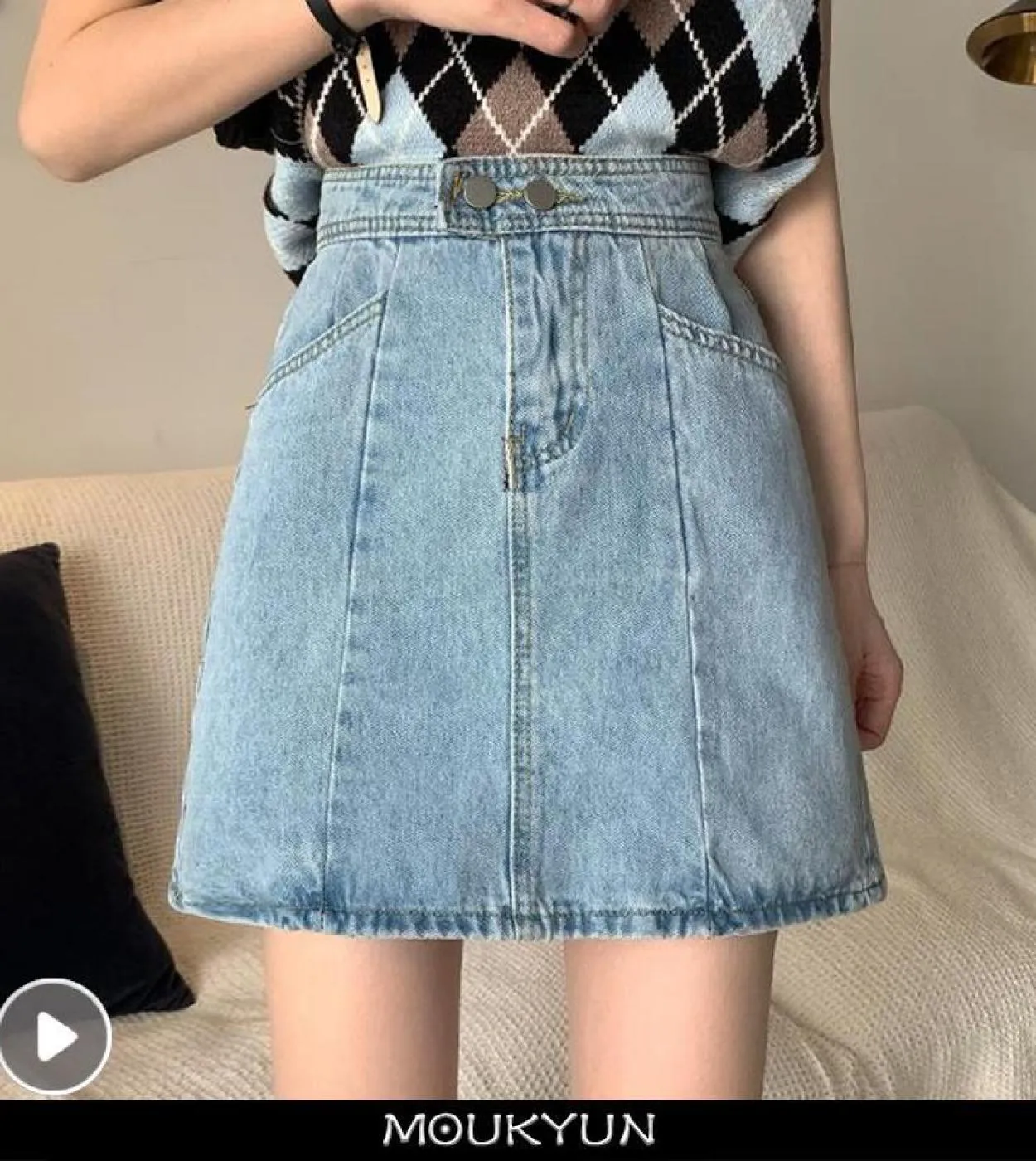 Moukyun Summer Women Minigonna in denim Gonna jeans a vita alta di grandi dimensioni Ladies Loose Fashion A Line Gonne in cotone