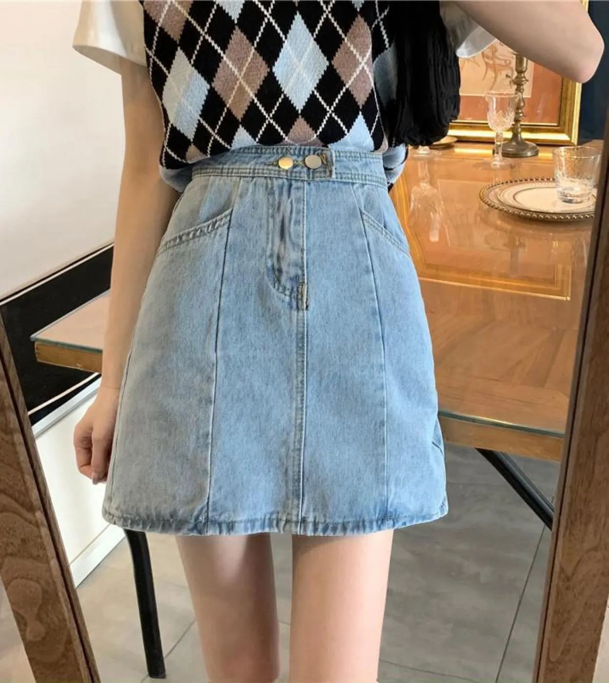 Moukyun Summer Women Minigonna in denim Gonna jeans a vita alta di grandi dimensioni Ladies Loose Fashion A Line Gonne in cotone